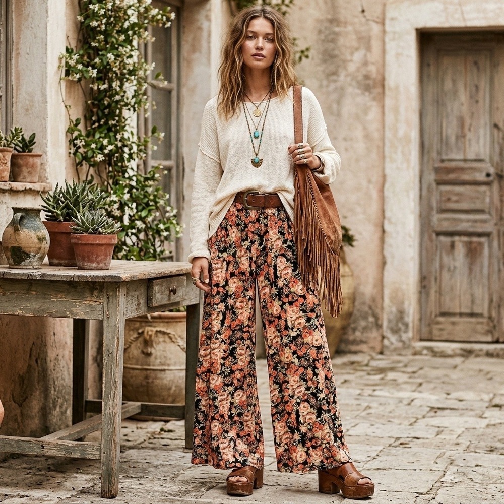 Bohemian Floral Wide Leg Pants Size S Gauzy Flowy Cottage Romantic Festival